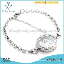 2015 Hot selling 316l stainless steel chains with crystal glass locket, cheap bracelet